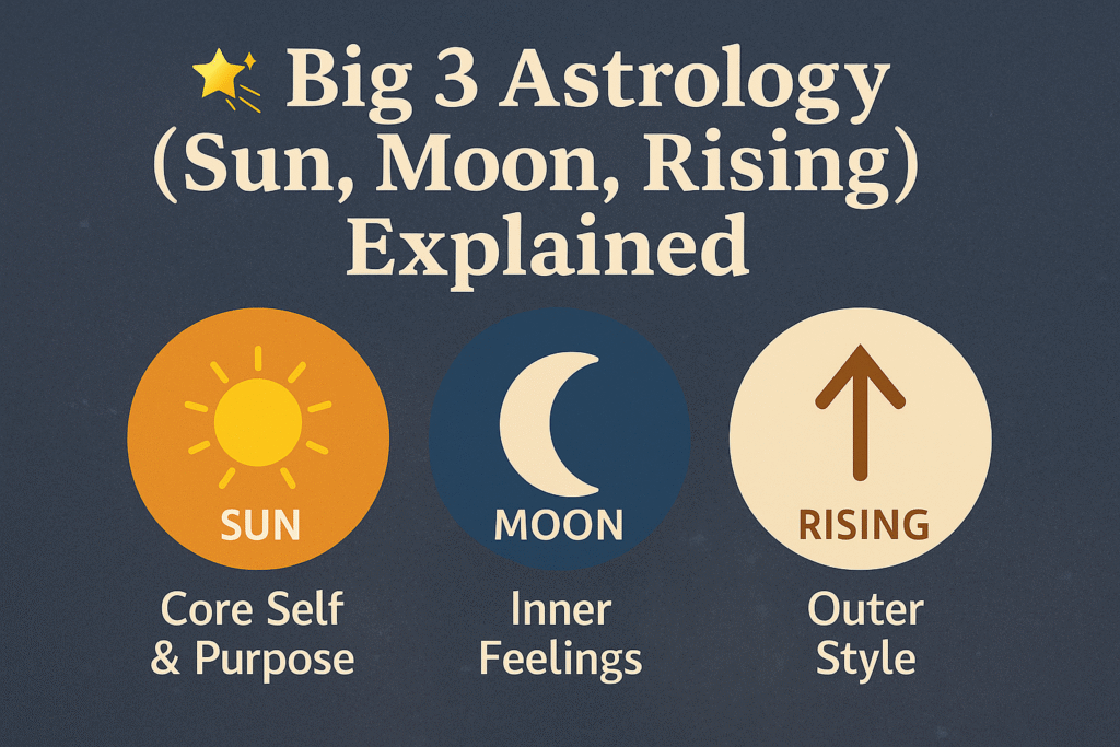 Big 3 astrology illustration with Sun, Moon, and Rising signs explained